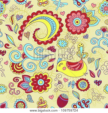 Colorful Vector Seamless Floral Pattern And A Cute Bird.