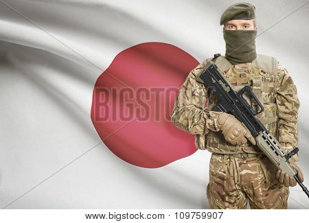 Soldier Holding Machine Gun With Flag On Background Series - Japan
