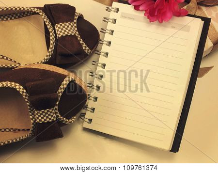 Blank Paper Note Book And Pair Of Wman Shoes Filter Vintage Retro Filter