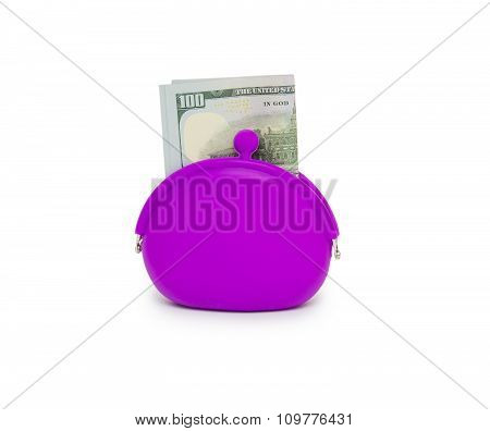 Purse with hundred dollar banknote isolated on white background cutout