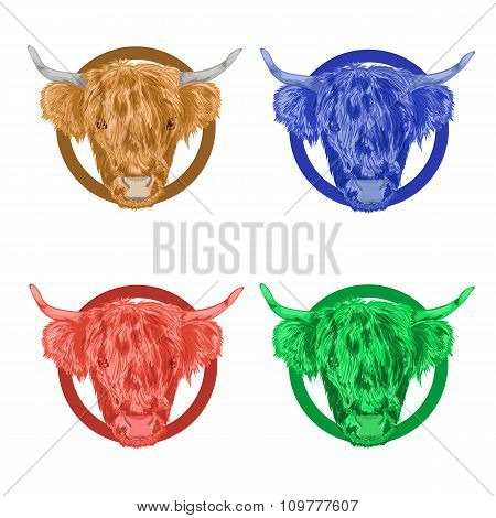 Colorful Vector Icons With The Head Of A Bull.
