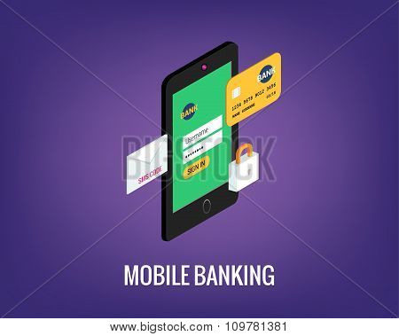 Vector Illustration Of Mobile Banking With User Interface. Phone, Lock And Credit Card