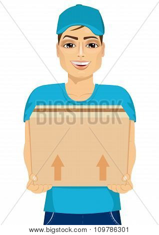 delivery man holding and carrying a cardbox