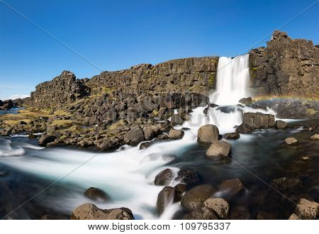 Panorama of the Oxarafoss waterfall