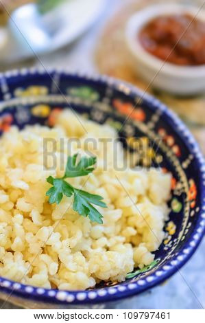 Bulgur - Boiled whole bulguror burghul wheat. This is a staple of Turkish cuisine.
** Note: Shallow depth of field
