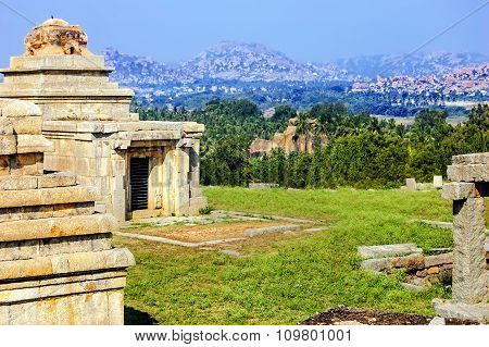 Hemakuta hill sunset point with ancient ruins in Hampi Karnataka India.