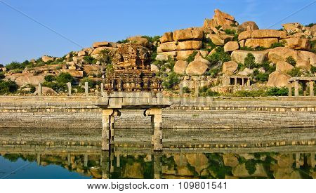 Temple reservoir on the way to the Vitthala temple complex in Hampi Karnataka India.