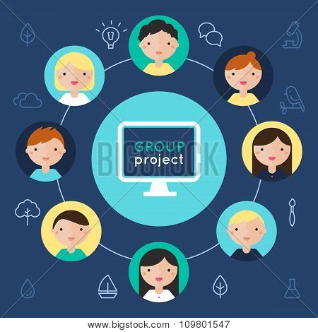 Computer and Children Faces. Group Project Flat Illustration
