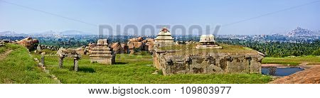 Panorama of Hemakuta hill sunset point with ancient ruins in Hampi Karnataka India