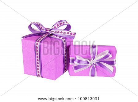 violet gift boxes with ribbon bows