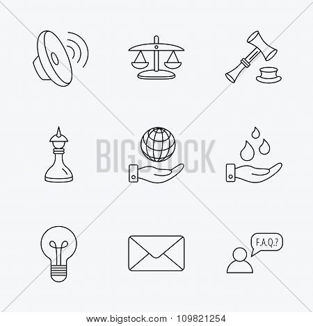 Strategy, auction and scales of justice icons.