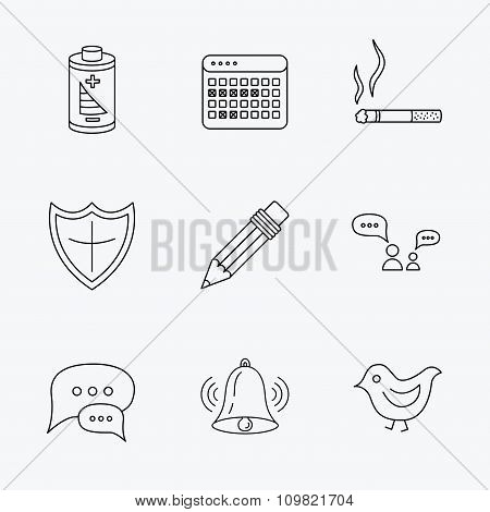 Battery, pencil and protection shield icons.
