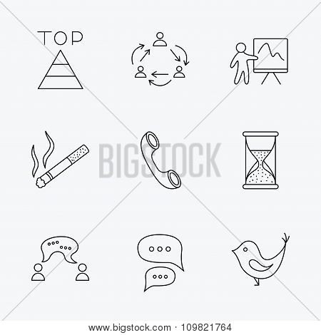 Teamwork, presentation and phone call icons.