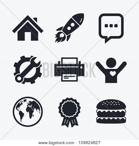 Home main page and globe signs. Printer, chat