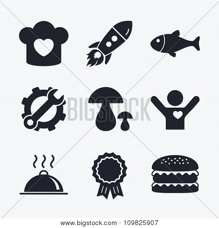 Chief hat, cooking pan icons. Fish and mushrooms