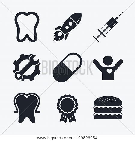 Tooth enamel icons. Medical syringe and pill.