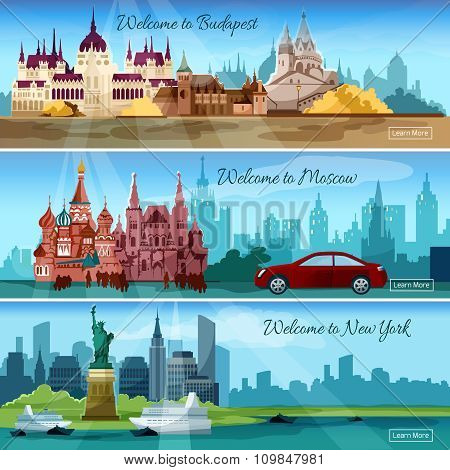 Famous cities horizontal banners set with Budapest and Moscow tourist buildings isolated vector illustration