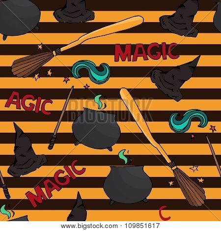 Different Witch Equipment. Seamless Pattern