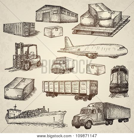 Logistics hand drawn isolated elements.