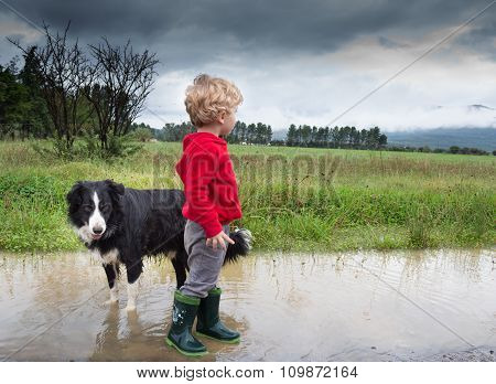 Little Boy And Dog In Puddle
