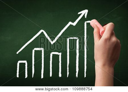 A grown up's hand drawing chart with exponentially growing arrow on green chalkboard