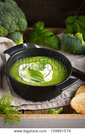 Broccoli Cream Soup On Rustic Background