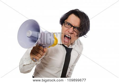 Angry man with loudspeaker isolated on white