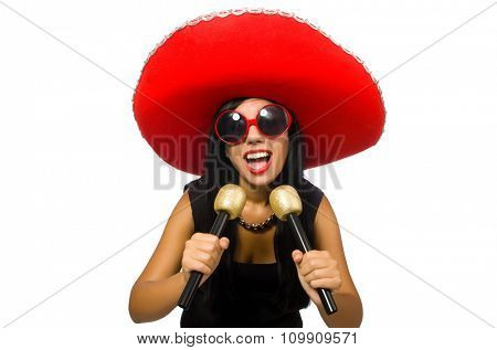 Young attractive woman wearing sombrero on white