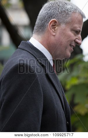 NEW YORK - NOVEMBER 11 2015: New York City Mayor Bill De Blasio at the Eternal Light Monument for the wreath laying ceremony in Madison Square Park before the Americas Parade on Veterans Day.