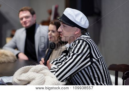 ST. PETERSBURG, RUSSIA - NOVEMBER 25, 2015: Press conference of A. Yagudin (right), M. Petrova, and A. Tikhonov  (left) in Lenfilm. Famous figure skaters presented the Christmas shows of Ilya Averbukh