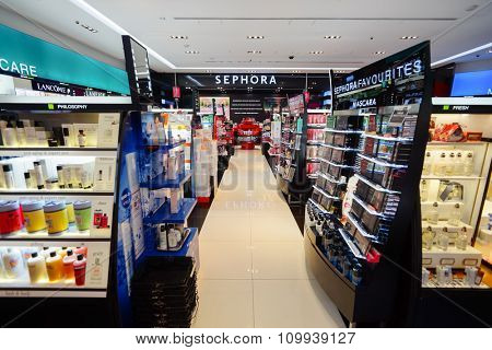 SINGAPORE - NOVEMBER 08, 2015: interior of Sephora store in The Shoppes at Marina Bay Sands. Sephora is a French brand and chain of cosmetics stores founded in Paris in 1970
