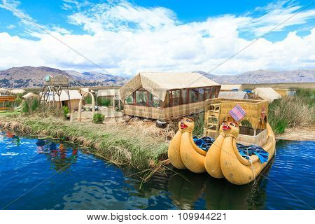 Totora boat on the Titicaca lake near Puno, Peru