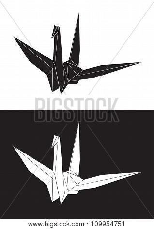 Vector origami crane and heart between, bird paper- Stock Illustration