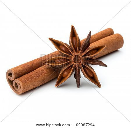 cinnamon stick and star anise spice isolated on white background closeup