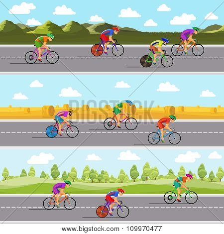 Racing bicyclists on bikes. Seamless panoramic backgrounds set