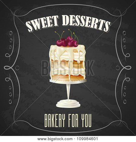 Vector realistic biscuit cake with vanilla glaze and cherries on metalic table mat on chalkboard background. EPS 10 bakery illustration