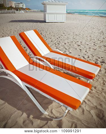 Beach lounge chairs in Miami Florida