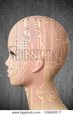 Female Cyborg Head On Dark Gray Background