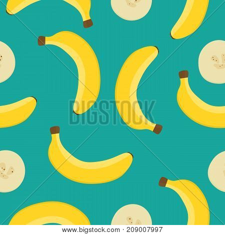 Seamless vector pattern with yellow bananas on a blue background. Fresh tropical fruits. Vector illustration for packaging, clothing.