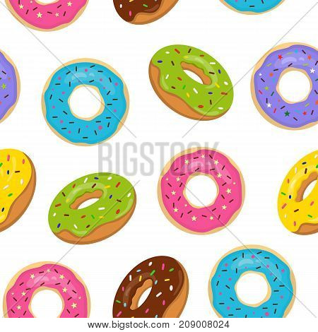 Vector seamless pattern with colorful glazed donuts. Sweet bakery with sprinkles on white background.