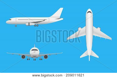 Plane vector. Airplane in all point of view. Airliner in front side and top on blue background.