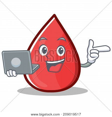 With Laptop Blood Drop Cartoon Mascot Character Vector Illustration