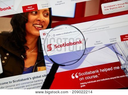 MONTREAL CANADA - OCTOBER 12 2017: Web page of Canadian bank Scotiabank. The Bank of Nova Scotia operating as Scotiabank French: Banque Scotia is a Canadian multinational bank.