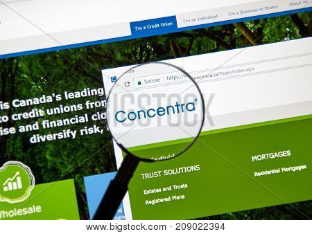 MONTREAL CANADA - OCTOBER 12 2017: Web page of a bank Concentra. Concentra is a Canadian wholesale bank and trust company providing financial and trust solutions to over 300 Canadian credit unions