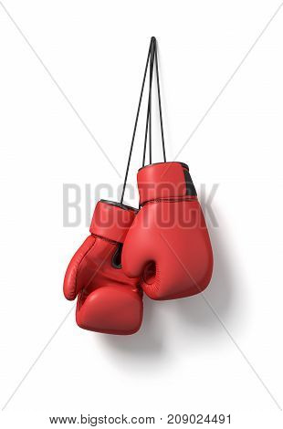 3d rendering of two red boxing gloves hanging on a long black string on a white background. Boxing gear. Fighting sports. Martial arts.