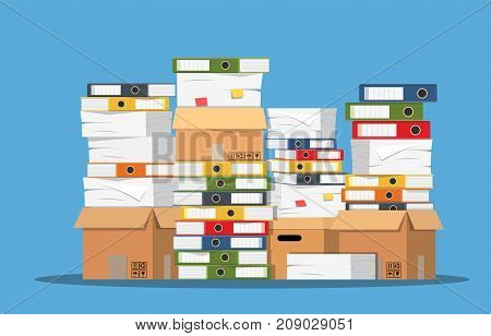 Pile of paper documents and file folders. Carton boxes. Bureaucracy, paperwork, office. Vector illustration in flat style