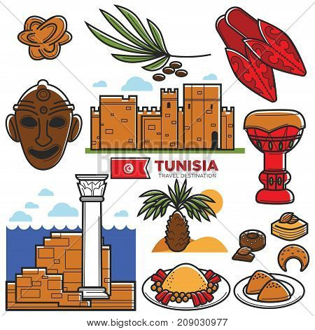 Tunisia travel landmark symbols or tourist culture attractions or sightseeings. Tunisian flag and Tunis ancient architecture building, national food and drink. Vector isolated icons