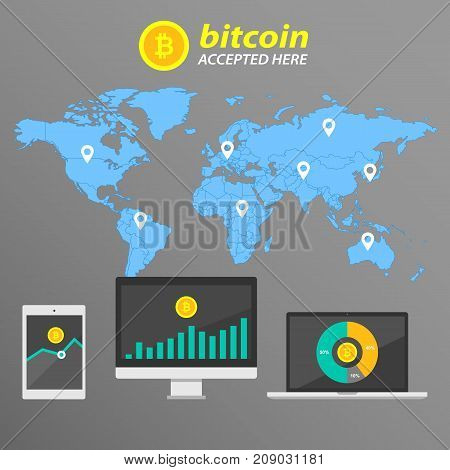 Infographic bitcoin on the background of the world map. Flat vector illustration.