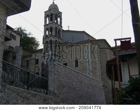 Old clock tower at Dimitsana town in Peloponnese Greece