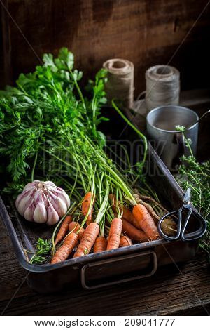 Ingredients For Roasted Homemade Vegetbales Made Of Vegetables And Thyme
